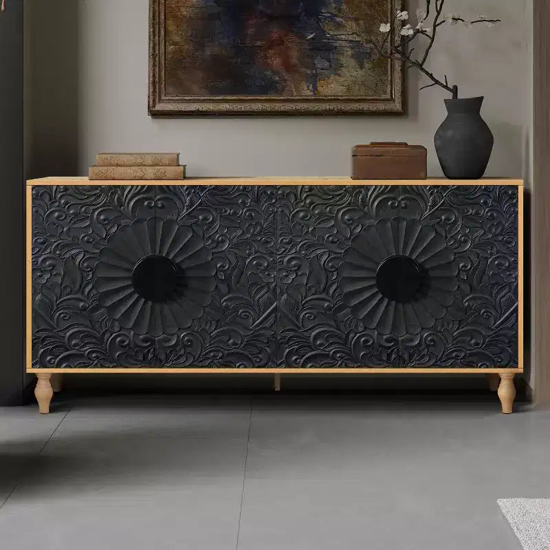 Buffet commode à fleurs sculptées, meuble de rangement 4 portes – Noir / Bois naturel / Bleu marine, une unité