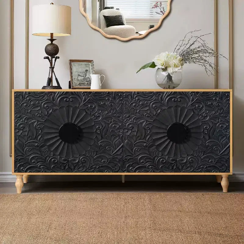 Buffet commode à fleurs sculptées, meuble de rangement 4 portes – Noir / Bois naturel / Bleu marine, une unité
