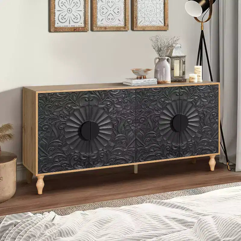Buffet commode à fleurs sculptées, meuble de rangement 4 portes – Noir / Bois naturel / Bleu marine, une unité