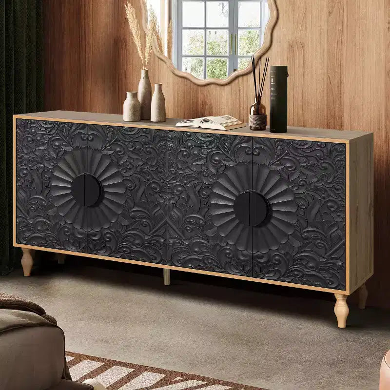 Buffet commode à fleurs sculptées, meuble de rangement 4 portes – Noir / Bois naturel / Bleu marine, une unité