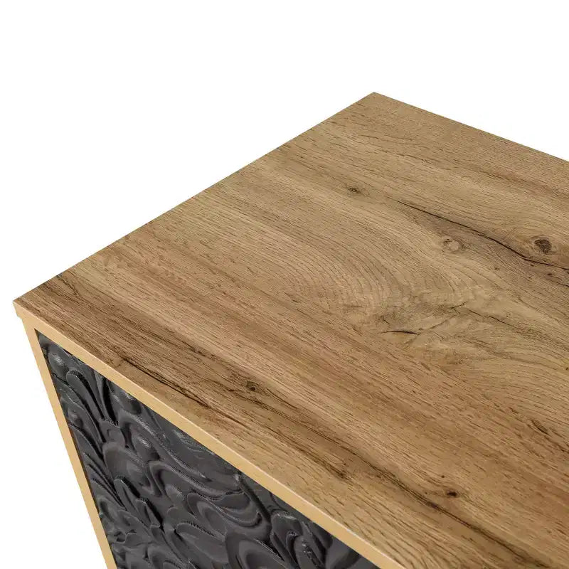 Buffet commode à fleurs sculptées, meuble de rangement 4 portes – Noir / Bois naturel / Bleu marine, une unité