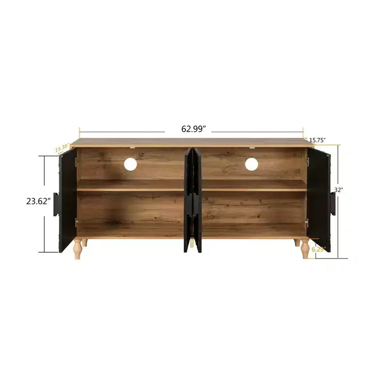 Buffet commode à fleurs sculptées, meuble de rangement 4 portes – Noir / Bois naturel / Bleu marine, une unité