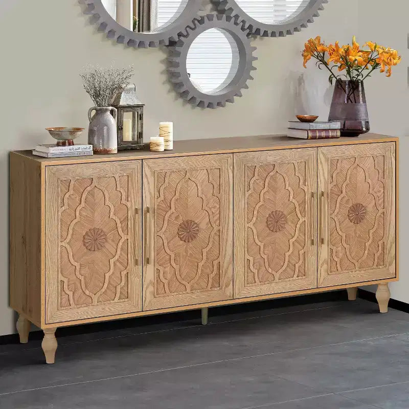 Buffet commode à fleurs sculptées, meuble de rangement 4 portes – Noir / Bois naturel / Bleu marine, une unité