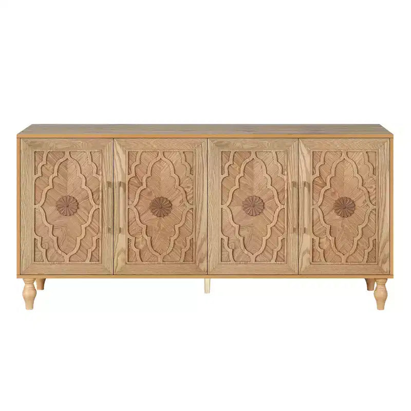 Buffet commode à fleurs sculptées, meuble de rangement 4 portes – Noir / Bois naturel / Bleu marine, une unité