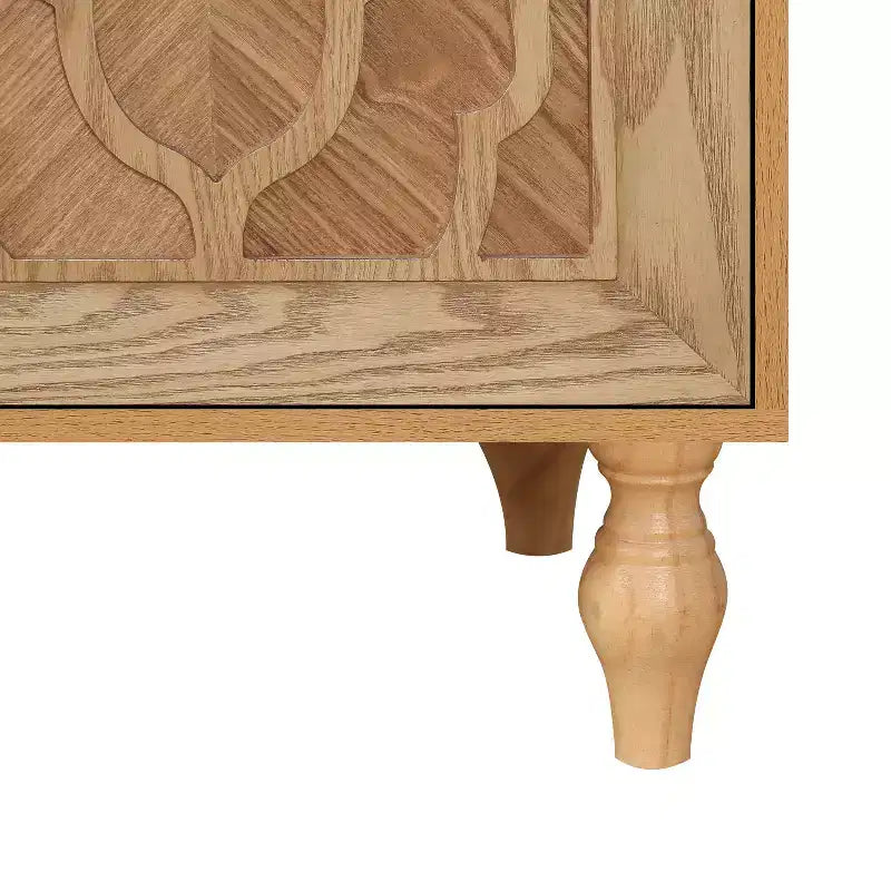 Buffet commode à fleurs sculptées, meuble de rangement 4 portes – Noir / Bois naturel / Bleu marine, une unité