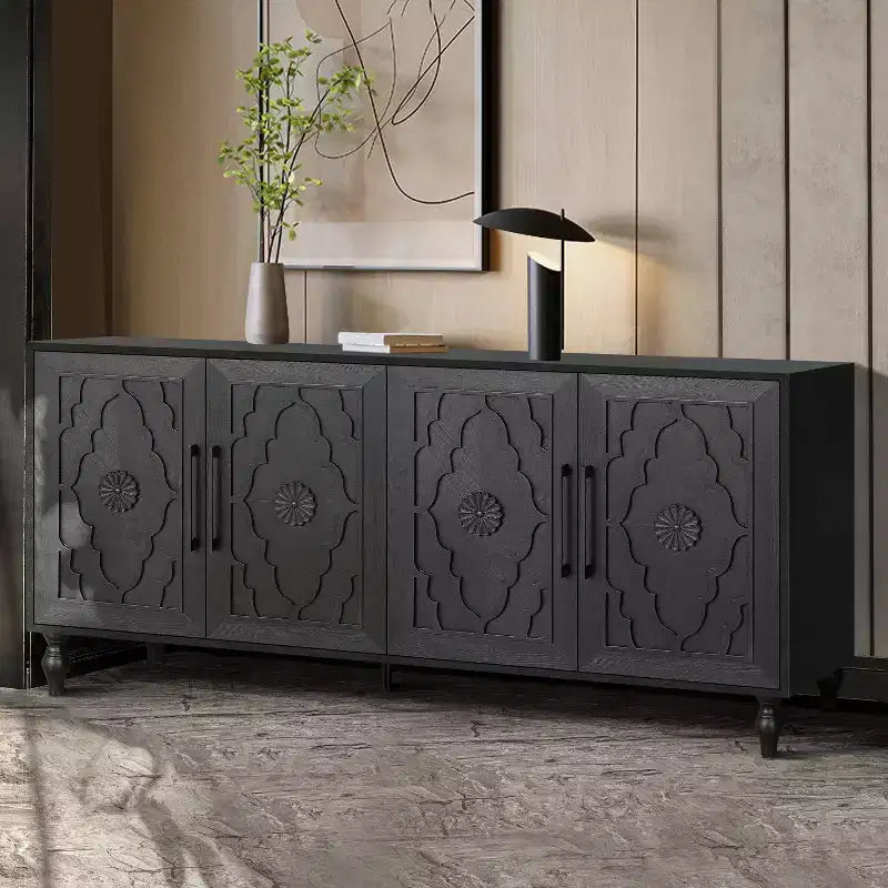 Buffet commode à fleurs sculptées, meuble de rangement 4 portes – Noir / Bois naturel / Bleu marine, une unité