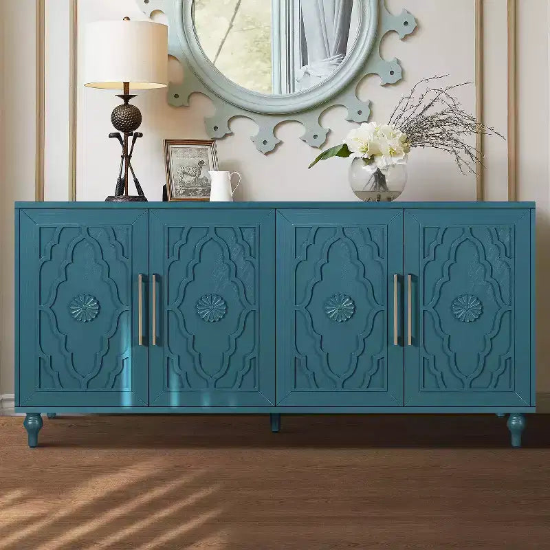 Buffet commode à fleurs sculptées, meuble de rangement 4 portes – Noir / Bois naturel / Bleu marine, une unité