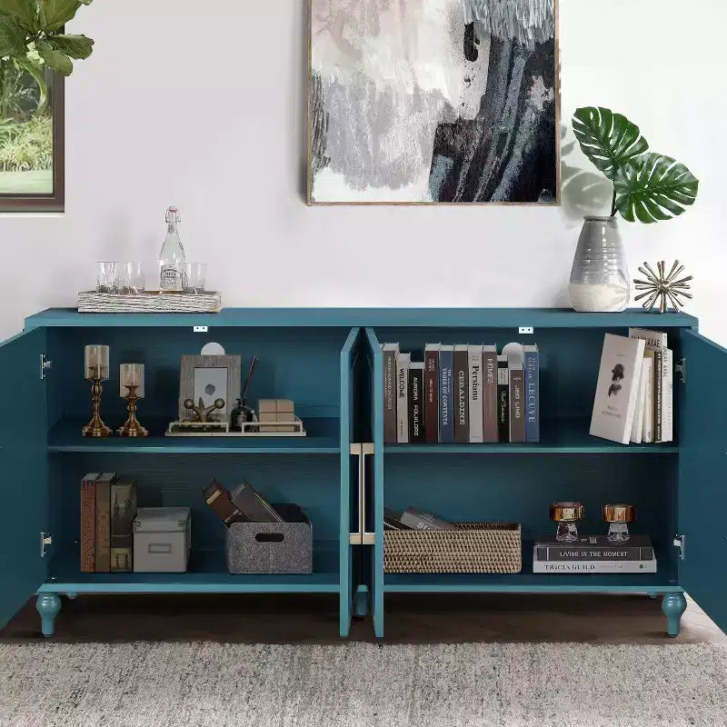 Buffet commode à fleurs sculptées, meuble de rangement 4 portes – Noir / Bois naturel / Bleu marine, une unité