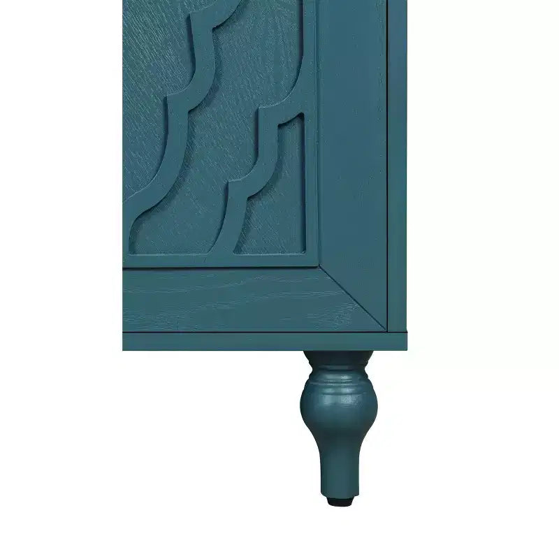 Buffet commode à fleurs sculptées, meuble de rangement 4 portes – Noir / Bois naturel / Bleu marine, une unité