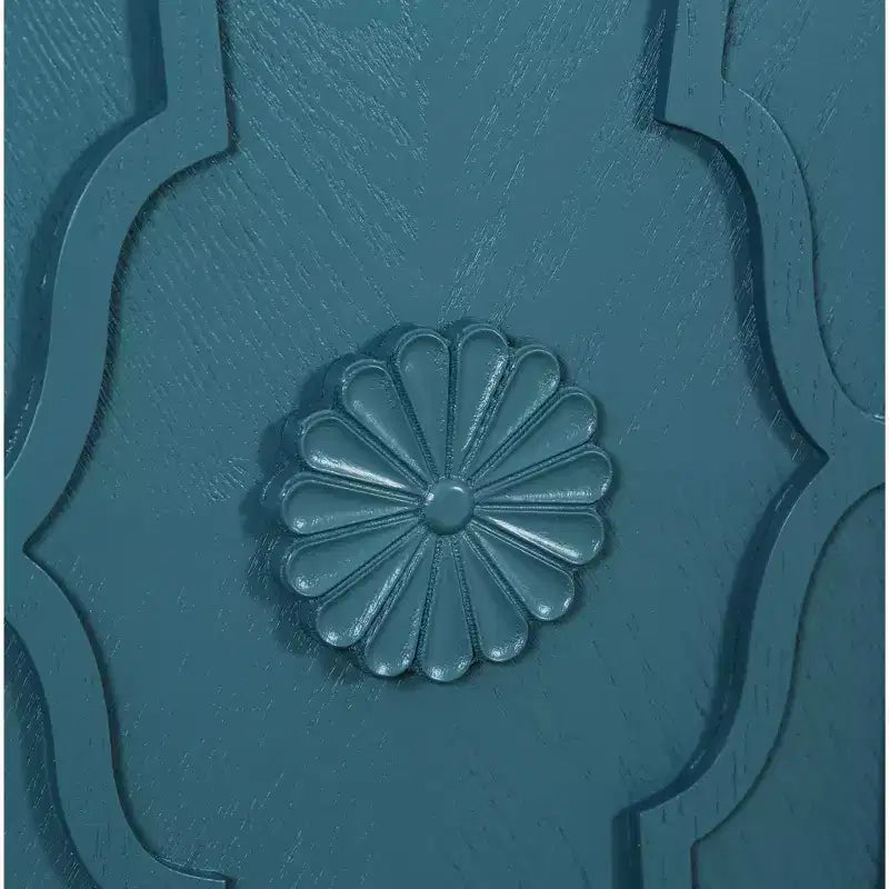 Buffet commode à fleurs sculptées, meuble de rangement 4 portes – Noir / Bois naturel / Bleu marine, une unité