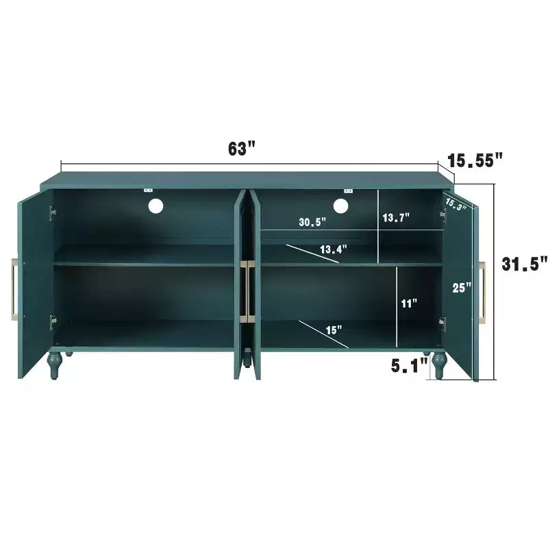 Buffet commode à fleurs sculptées, meuble de rangement 4 portes – Noir / Bois naturel / Bleu marine, une unité