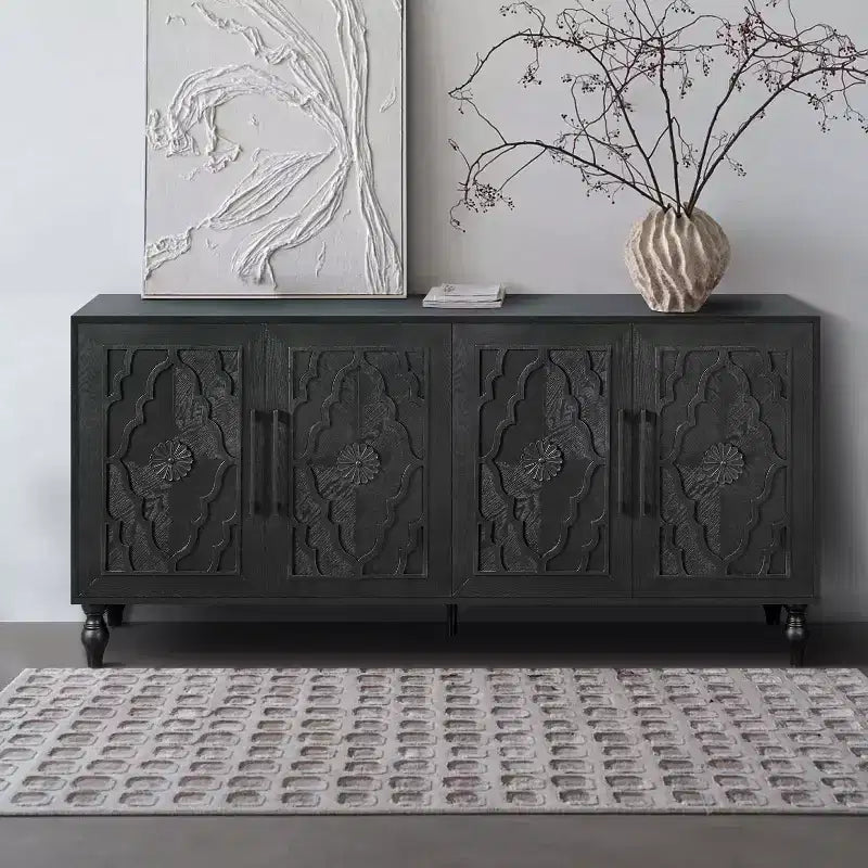 Buffet commode à fleurs sculptées, meuble de rangement 4 portes – Noir / Bois naturel / Bleu marine, une unité