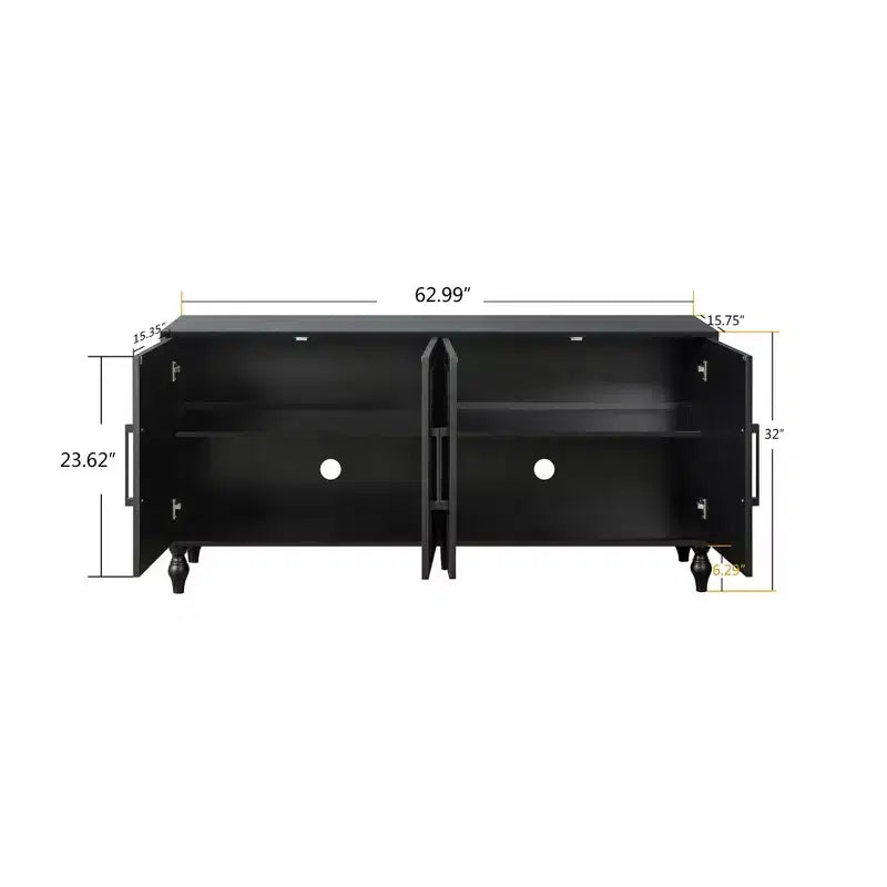 Buffet commode à fleurs sculptées, meuble de rangement 4 portes – Noir / Bois naturel / Bleu marine, une unité