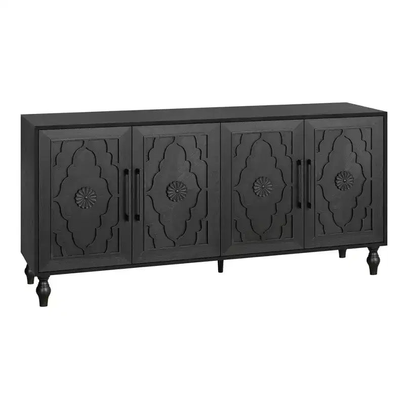 Buffet commode à fleurs sculptées, meuble de rangement 4 portes – Noir / Bois naturel / Bleu marine, une unité
