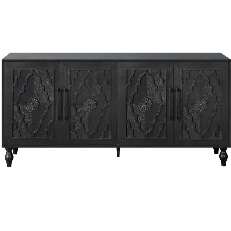 Buffet commode à fleurs sculptées, meuble de rangement 4 portes – Noir / Bois naturel / Bleu marine, une unité