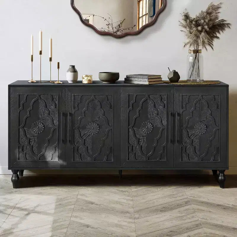Buffet commode à fleurs sculptées, meuble de rangement 4 portes – Noir / Bois naturel / Bleu marine, une unité