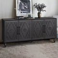 Buffet commode à fleurs sculptées, meuble de rangement 4 portes – Noir / Bois naturel / Bleu marine, une unité