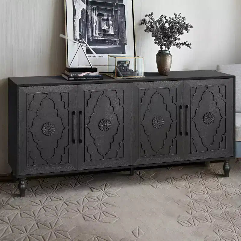 Buffet commode à fleurs sculptées, meuble de rangement 4 portes – Noir / Bois naturel / Bleu marine, une unité
