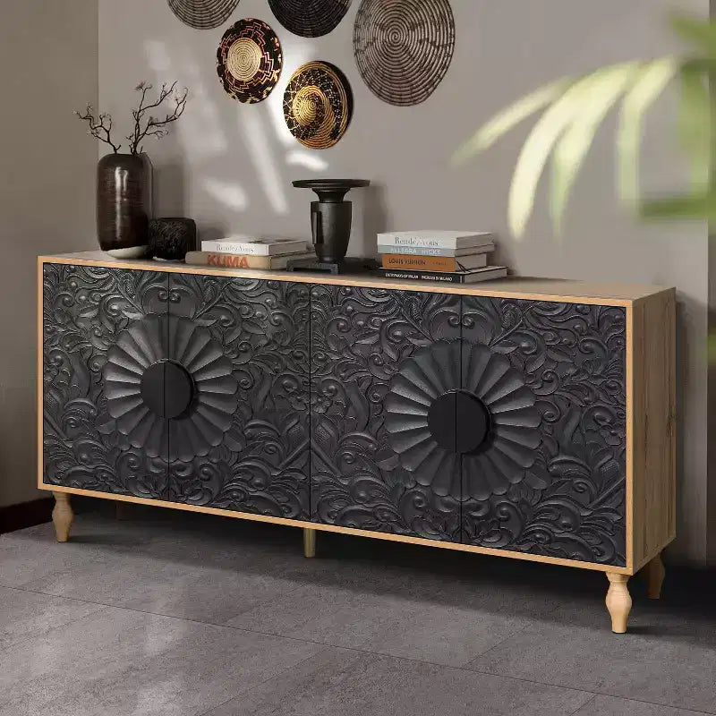 Buffet commode à fleurs sculptées, meuble de rangement 4 portes – Noir / Bois naturel / Bleu marine, une unité