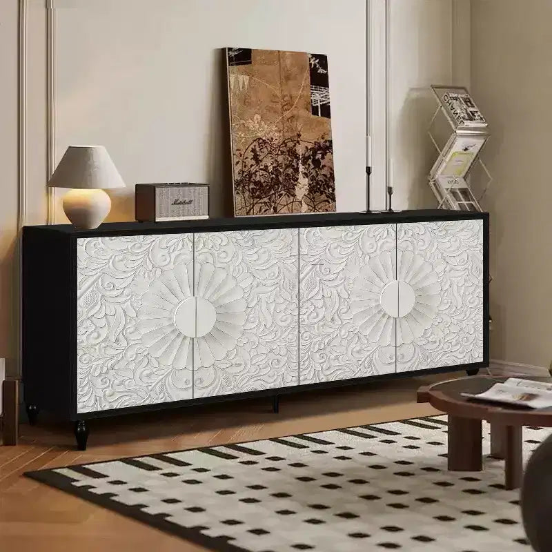 Buffet commode à fleurs sculptées, meuble de rangement 4 portes – Noir / Bois naturel / Bleu marine, une unité