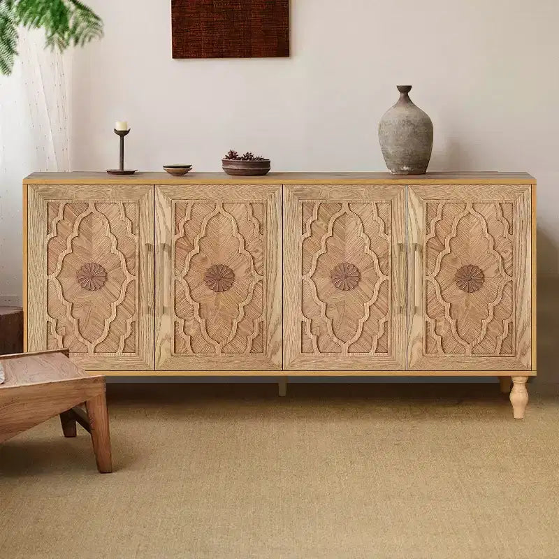 Okak Storage Cabinet with Carved Flower Door, Entryway Cabinet with Metal Handle Sideboard Cabinet for Living Room
