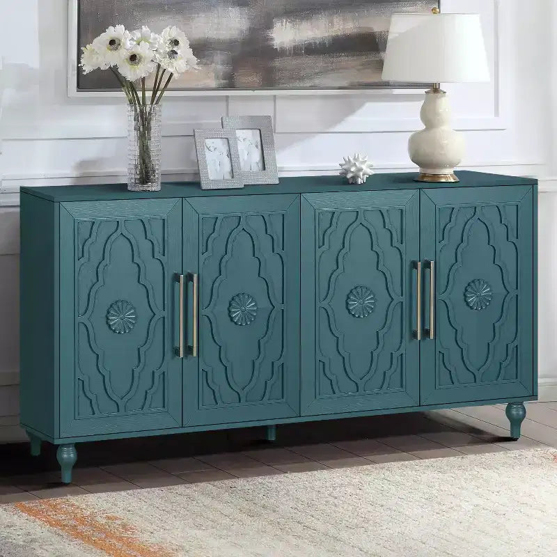 Buffet commode à fleurs sculptées, meuble de rangement 4 portes – Noir / Bois naturel / Bleu marine, une unité