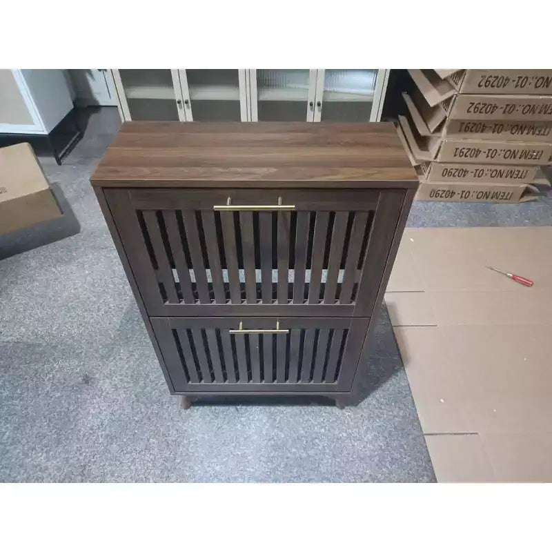 Meuble à chaussures autoportant pour une personne avec 2 tiroirs à abattant en noyer