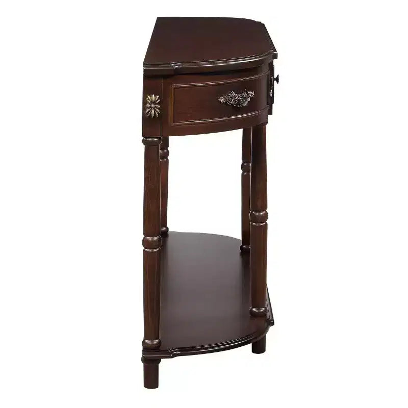 Console demi-lune marron avec 2 tiroirs et étagère ouverte, en pin, 1 pièce