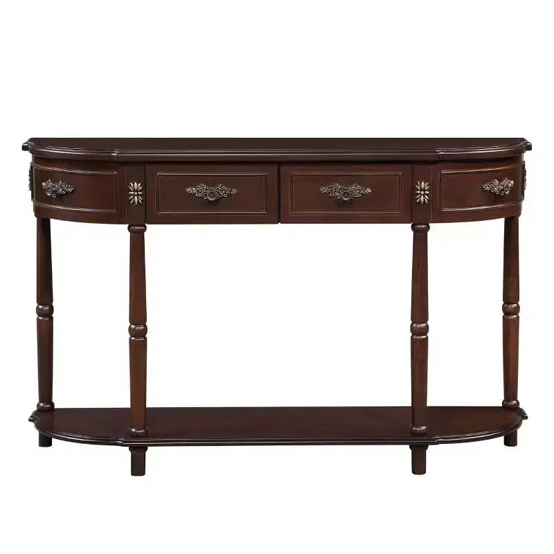 Console demi-lune marron avec 2 tiroirs et étagère ouverte, en pin, 1 pièce