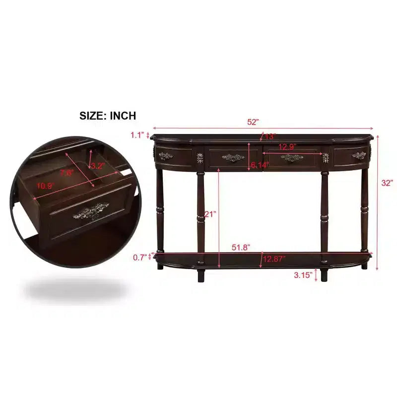 Console demi-lune marron avec 2 tiroirs et étagère ouverte, en pin, 1 pièce