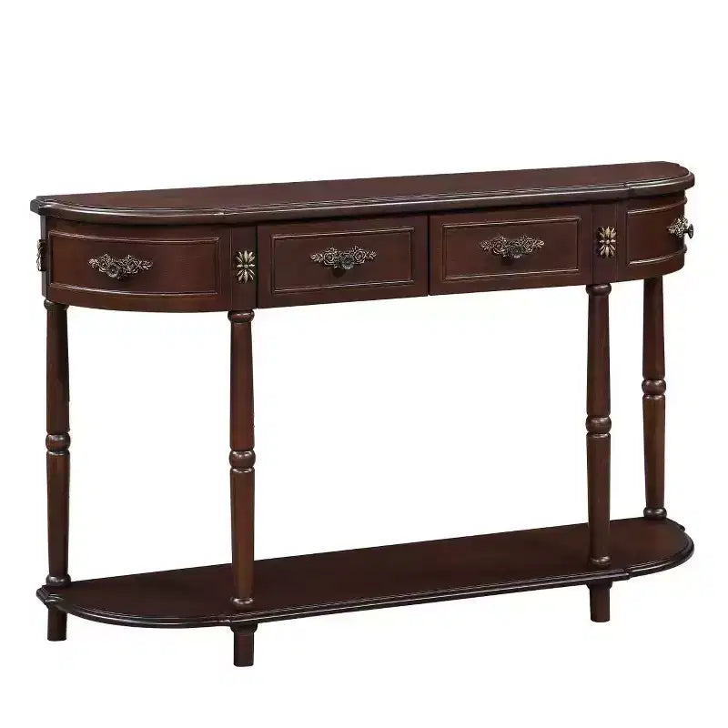 Console demi-lune marron avec 2 tiroirs et étagère ouverte, en pin, 1 pièce