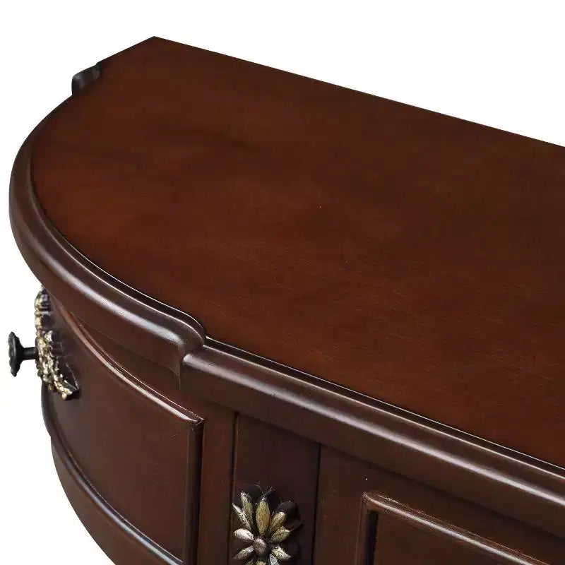 Console demi-lune marron avec 2 tiroirs et étagère ouverte, en pin, 1 pièce