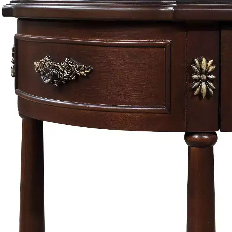 Console demi-lune marron avec 2 tiroirs et étagère ouverte, en pin, 1 pièce