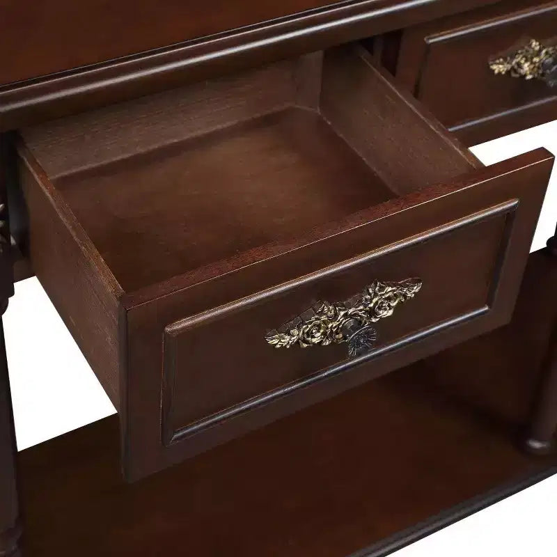 Console demi-lune marron avec 2 tiroirs et étagère ouverte, en pin, 1 pièce