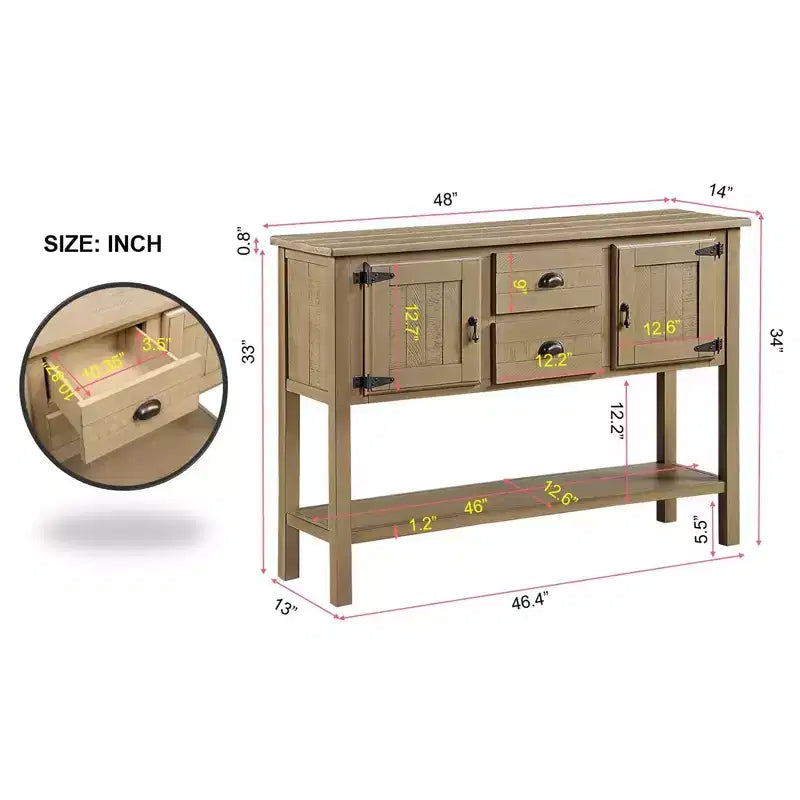 Console rustique marron avec 2 tiroirs et 2 placards, 1 pièce