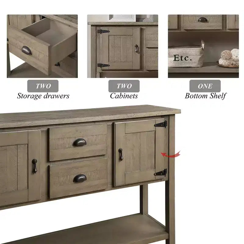 Console rustique marron avec 2 tiroirs et 2 placards, 1 pièce