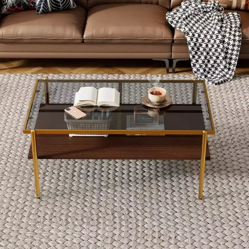 Table basse rectangulaire noire/dorée/blanche, plateau en verre trempé, pieds en métal, 1 pièce