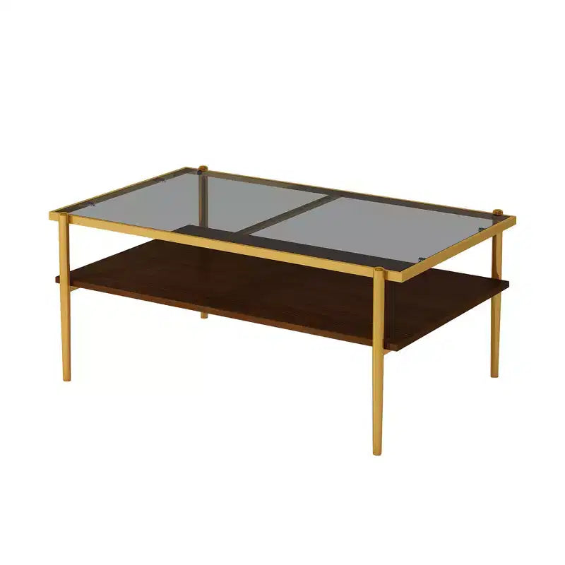 Table basse rectangulaire noire/dorée/blanche, plateau en verre trempé, pieds en métal, 1 pièce