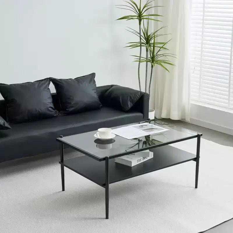 Table basse rectangulaire noire/dorée/blanche, plateau en verre trempé, pieds en métal, 1 pièce
