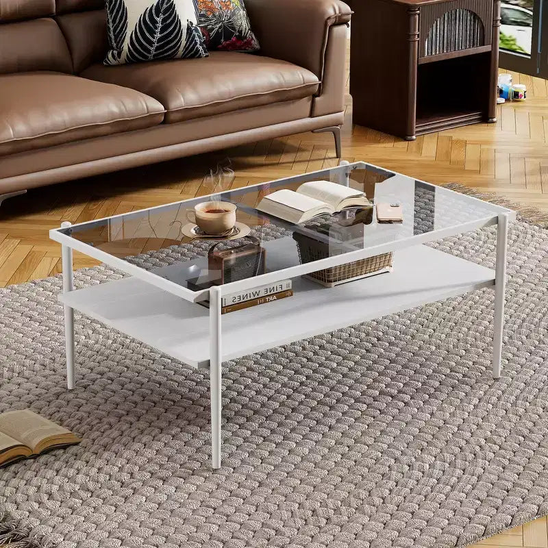 Table basse rectangulaire noire/dorée/blanche, plateau en verre trempé, pieds en métal, 1 pièce