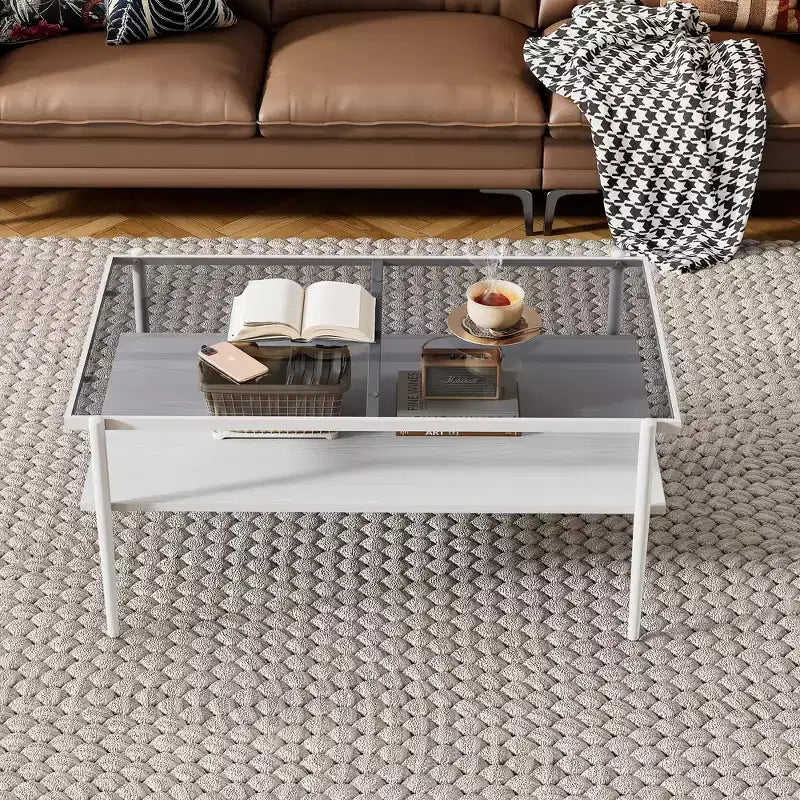 Table basse rectangulaire noire/dorée/blanche, plateau en verre trempé, pieds en métal, 1 pièce
