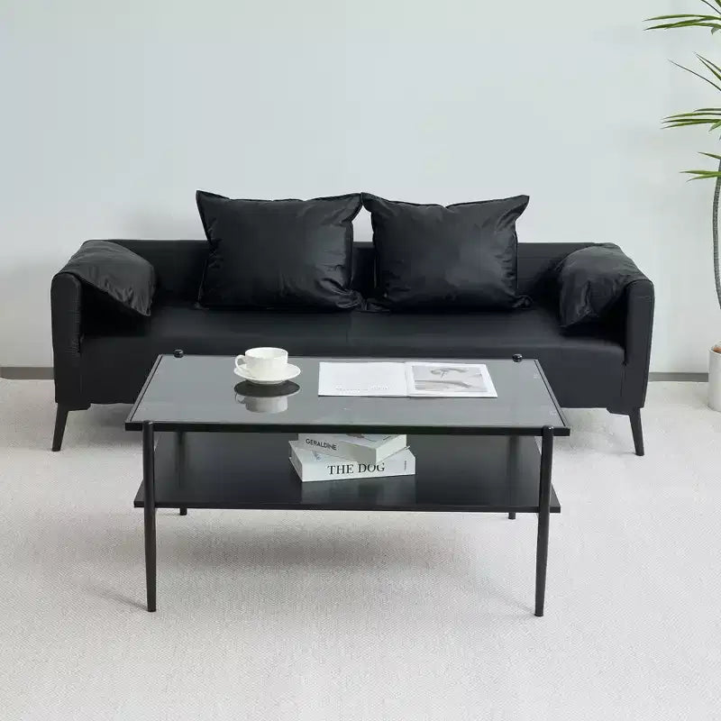 Table basse rectangulaire noire/dorée/blanche, plateau en verre trempé, pieds en métal, 1 pièce