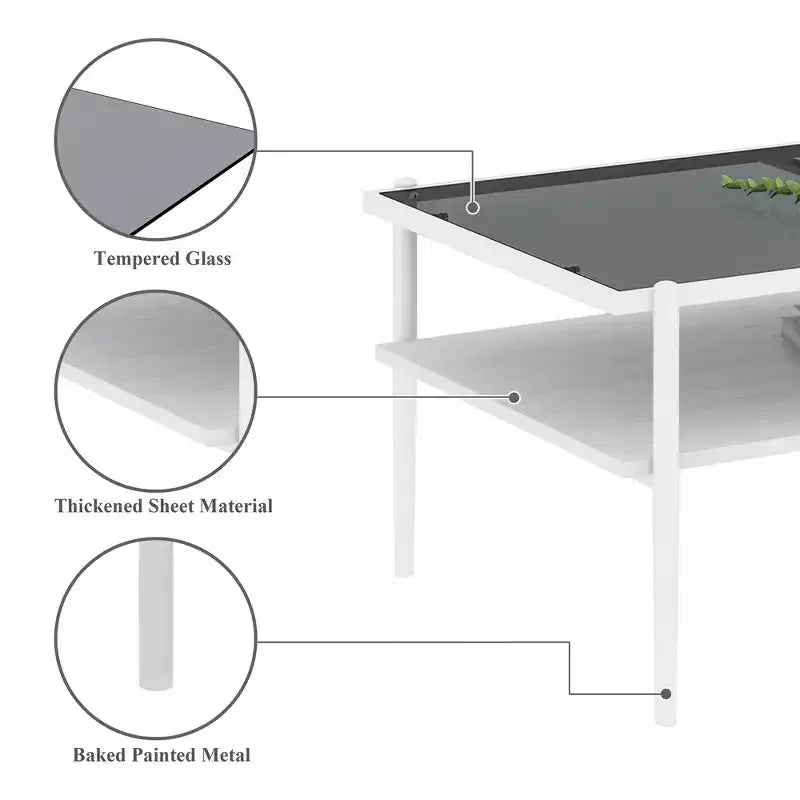 Table basse rectangulaire noire/dorée/blanche, plateau en verre trempé, pieds en métal, 1 pièce