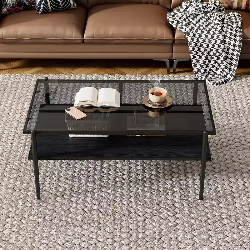 Table basse rectangulaire noire/dorée/blanche, plateau en verre trempé, pieds en métal, 1 pièce