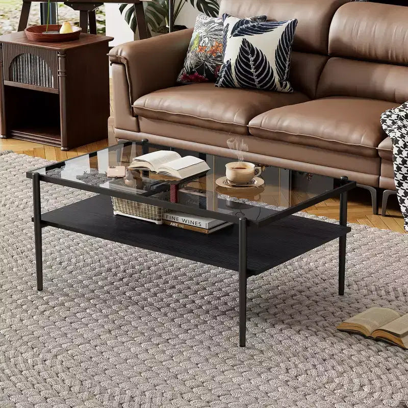 Table basse rectangulaire noire/dorée/blanche, plateau en verre trempé, pieds en métal, 1 pièce