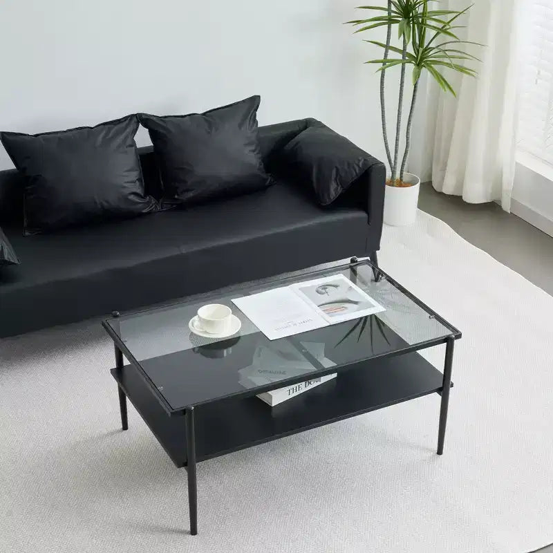 Table basse rectangulaire noire/dorée/blanche, plateau en verre trempé, pieds en métal, 1 pièce