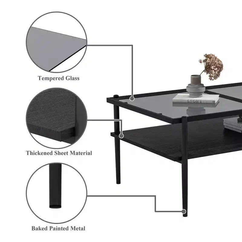 Table basse rectangulaire noire/dorée/blanche, plateau en verre trempé, pieds en métal, 1 pièce