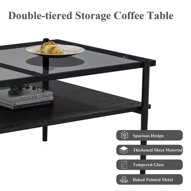 Table basse rectangulaire noire/dorée/blanche, plateau en verre trempé, pieds en métal, 1 pièce