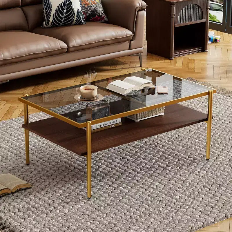 Table basse rectangulaire noire/dorée/blanche, plateau en verre trempé, pieds en métal, 1 pièce