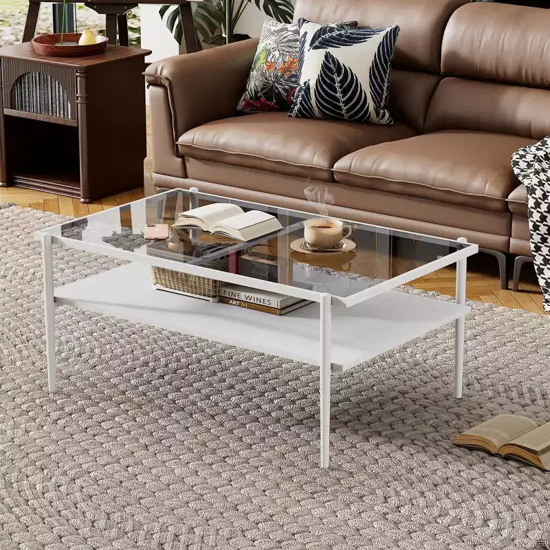 Table basse rectangulaire noire/dorée/blanche, plateau en verre trempé, pieds en métal, 1 pièce